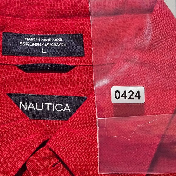 Valentines Nautica Red Short Sleeve Button-Up Shirt Mens L 55% Linen 45% Rayon - Picture 10 of 12